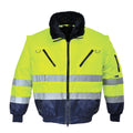 Hi-Vis 3-in-1 Pilotjacke: gelb-dunkelblau, reflektierende Streifen, schwarze Fleece-Kapuze