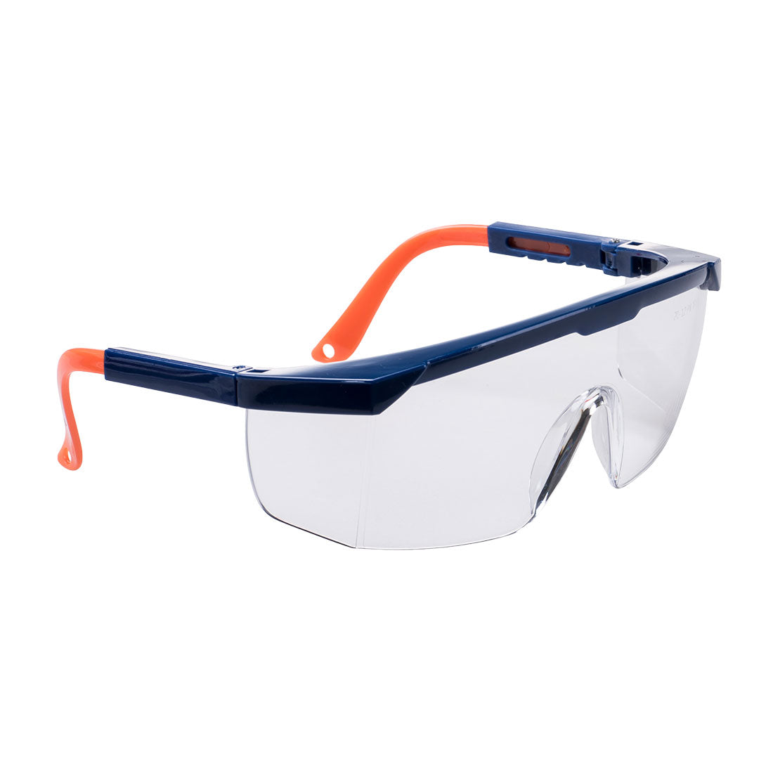 Schutzbrille mit klarer Sichtscheibe, blauem Rahmen und orangefarbenen Bügeln