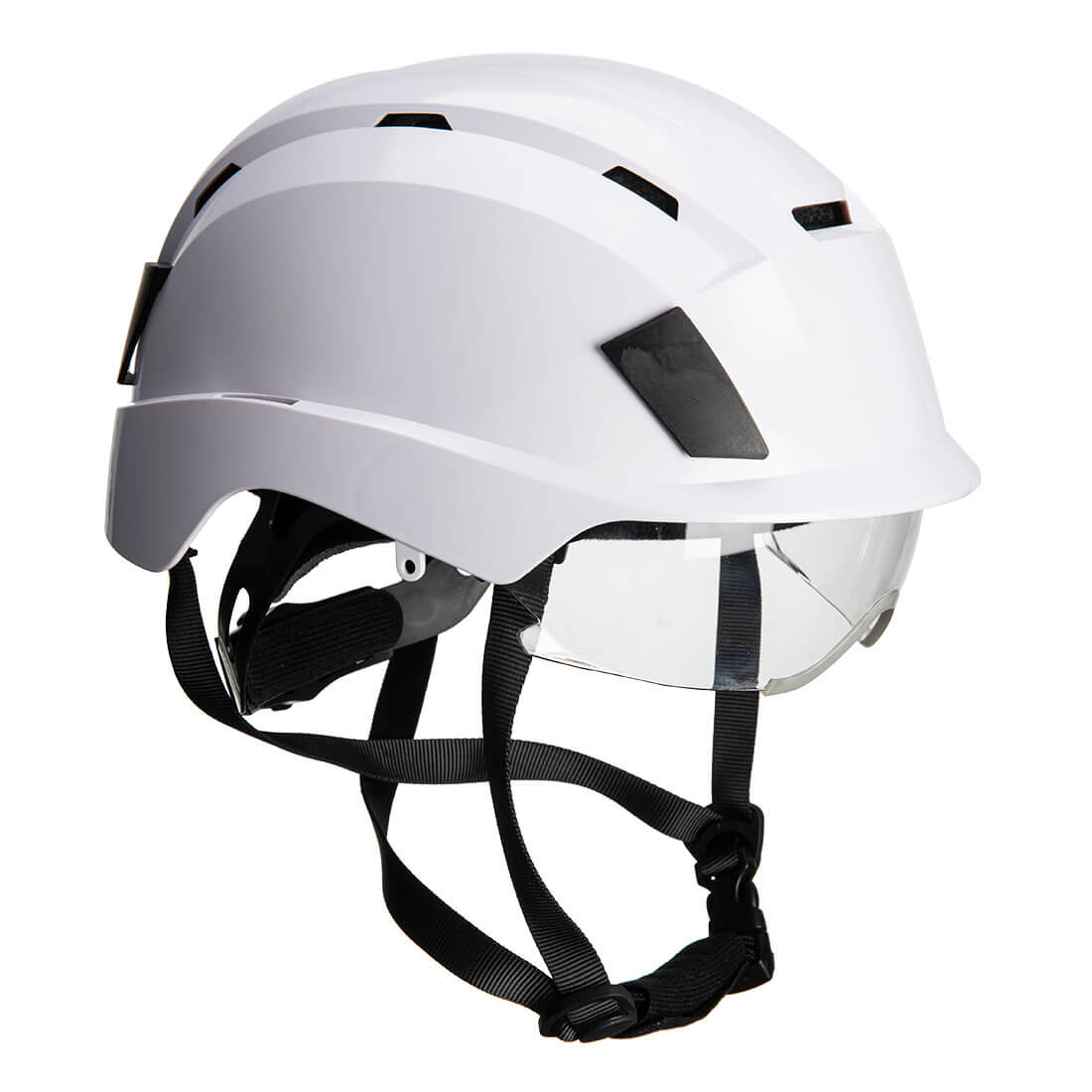 Helm mit integriertem Visier, weißer Helm mit schwarzem Kinnriemen