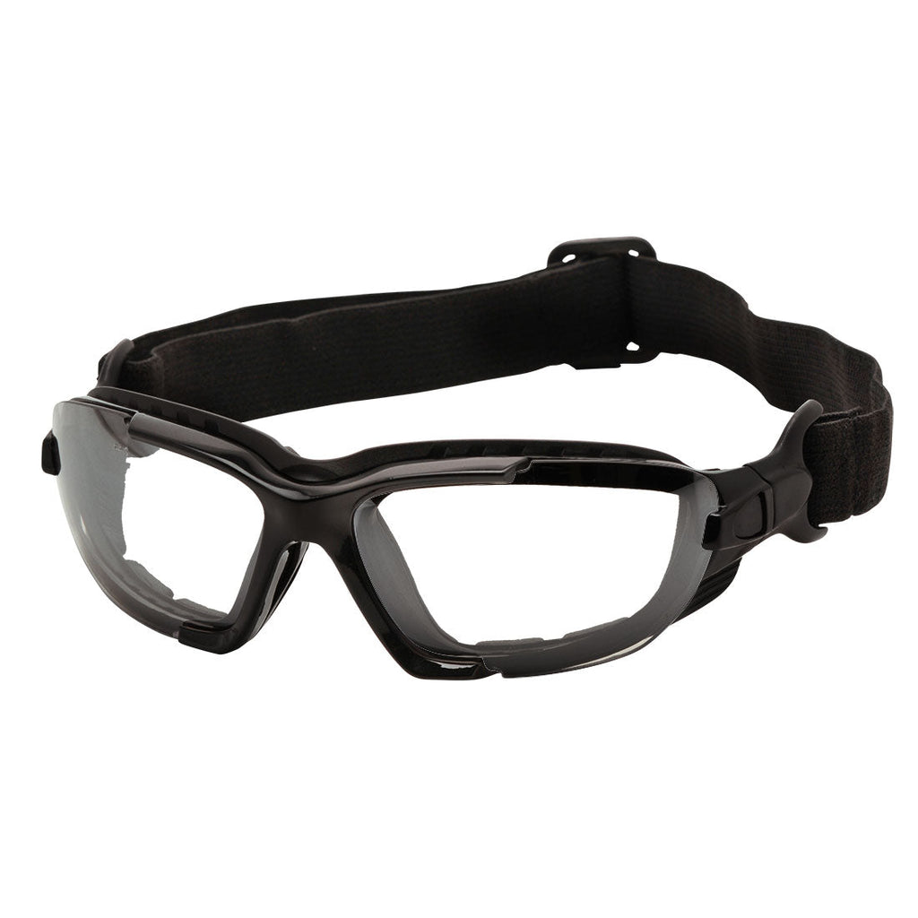Schutzbrille mit schwarzem Kopfband und klaren, abgerundeten Gläsern