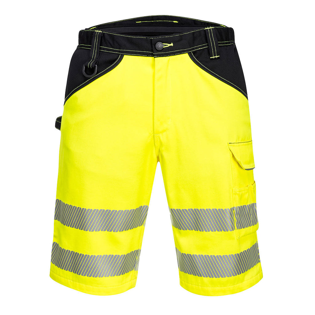 Kurze Warnschutzhose gelb-schwarz mit Reflexstreifen und Seitentaschen