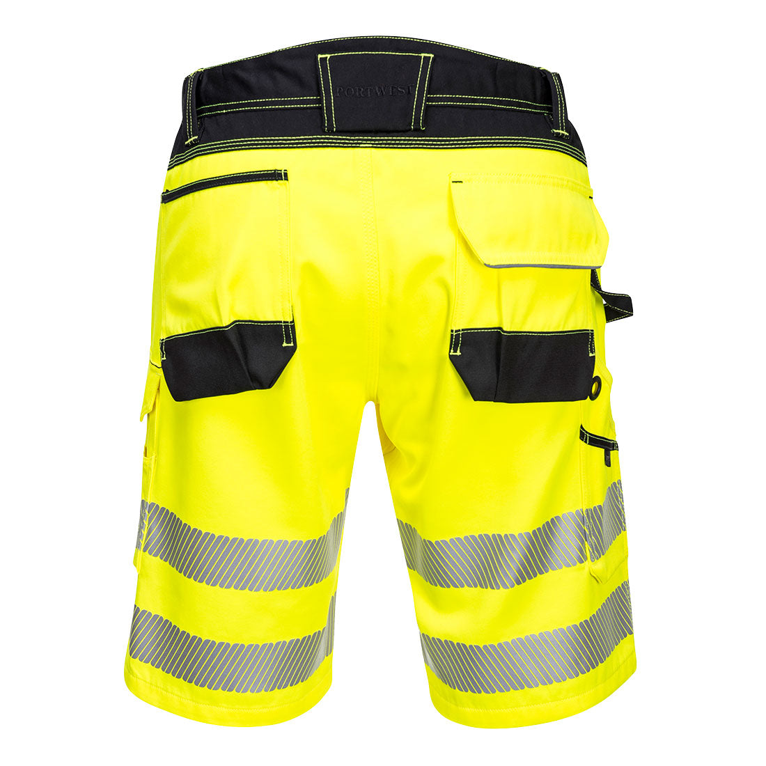 Kurze Warnschutzhose gelb-schwarz mit Reflexstreifen und mehreren Taschen
