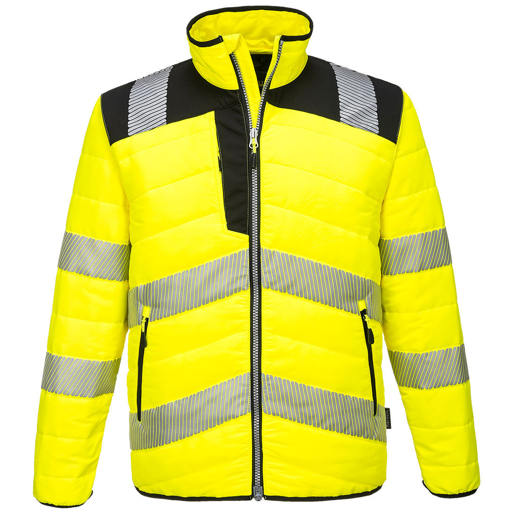 Warnschutz-Steppjacke in Gelb mit schwarzem Einsatz, Reißverschluss und reflektierenden Streifen