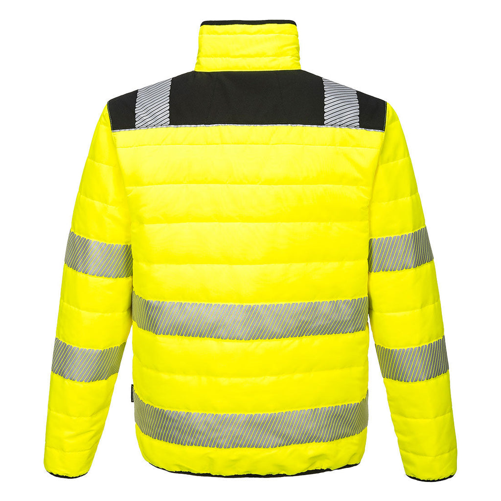 Rückansicht: Warnschutz-Steppjacke Gelb-Schwarz mit hohem Kragen und reflektierenden Bändern