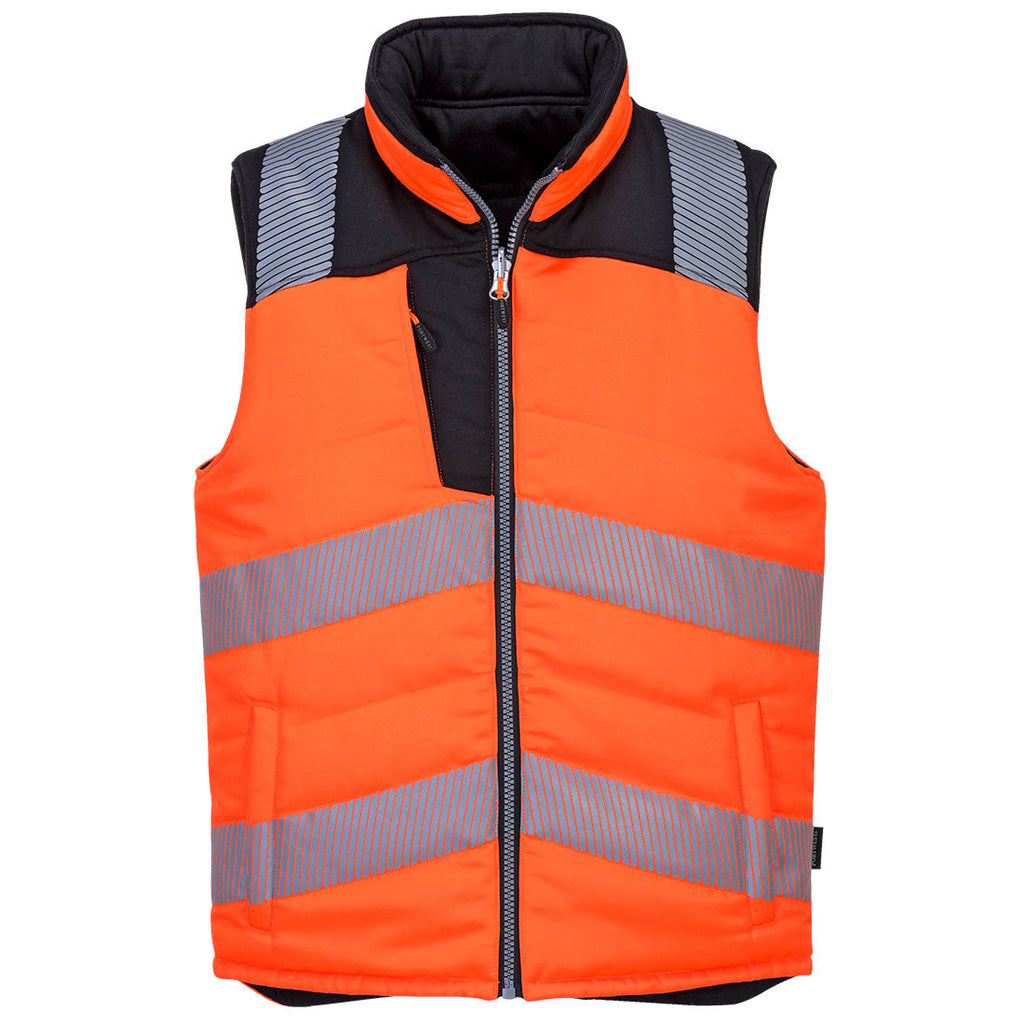 Warnschutz-Wendeweste: orange mit reflektierenden Streifen, Frontreißverschluss, schwarzer Kragen