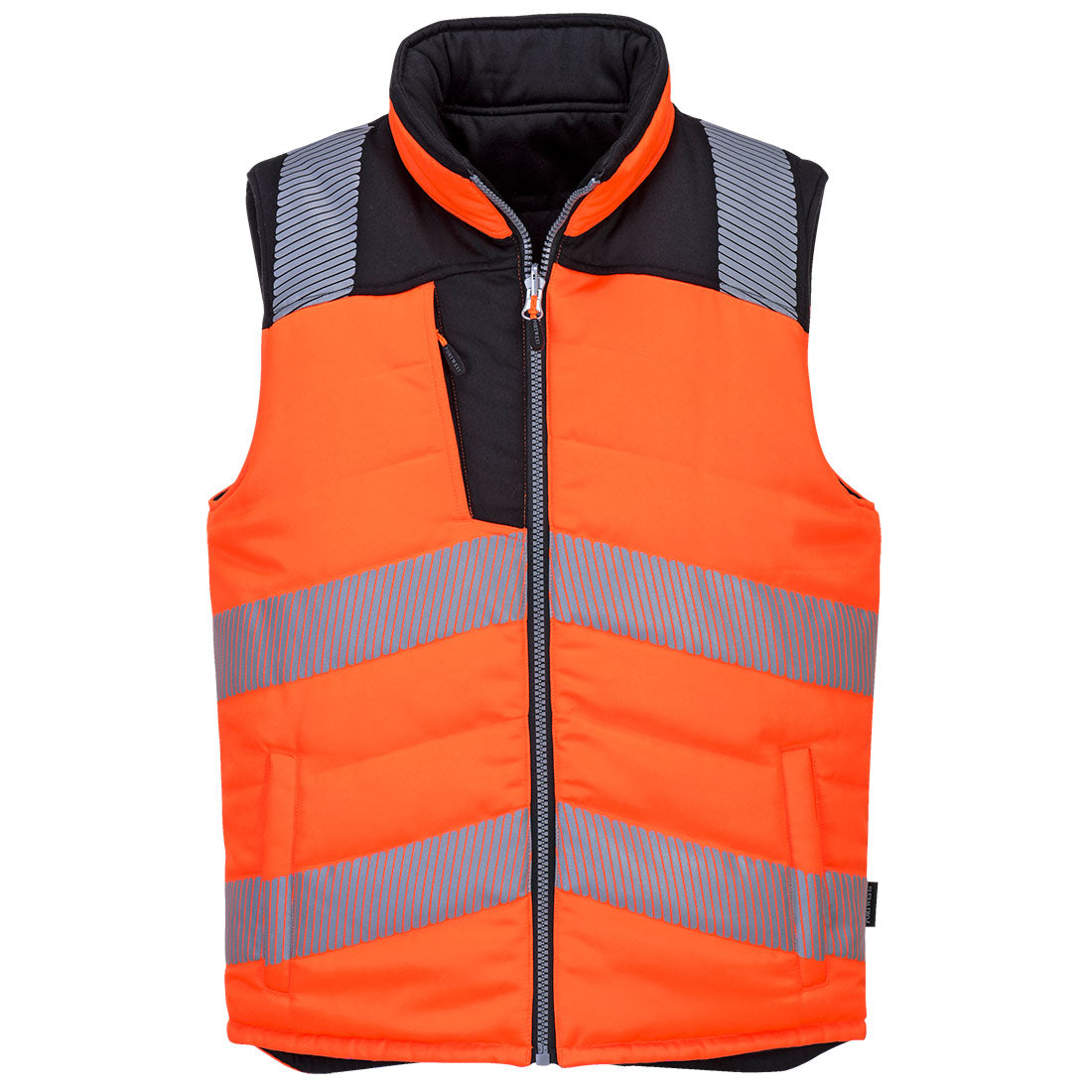 Warnschutz-Wendeweste: orange mit reflektierenden Streifen, Frontreißverschluss, schwarzer Kragen
