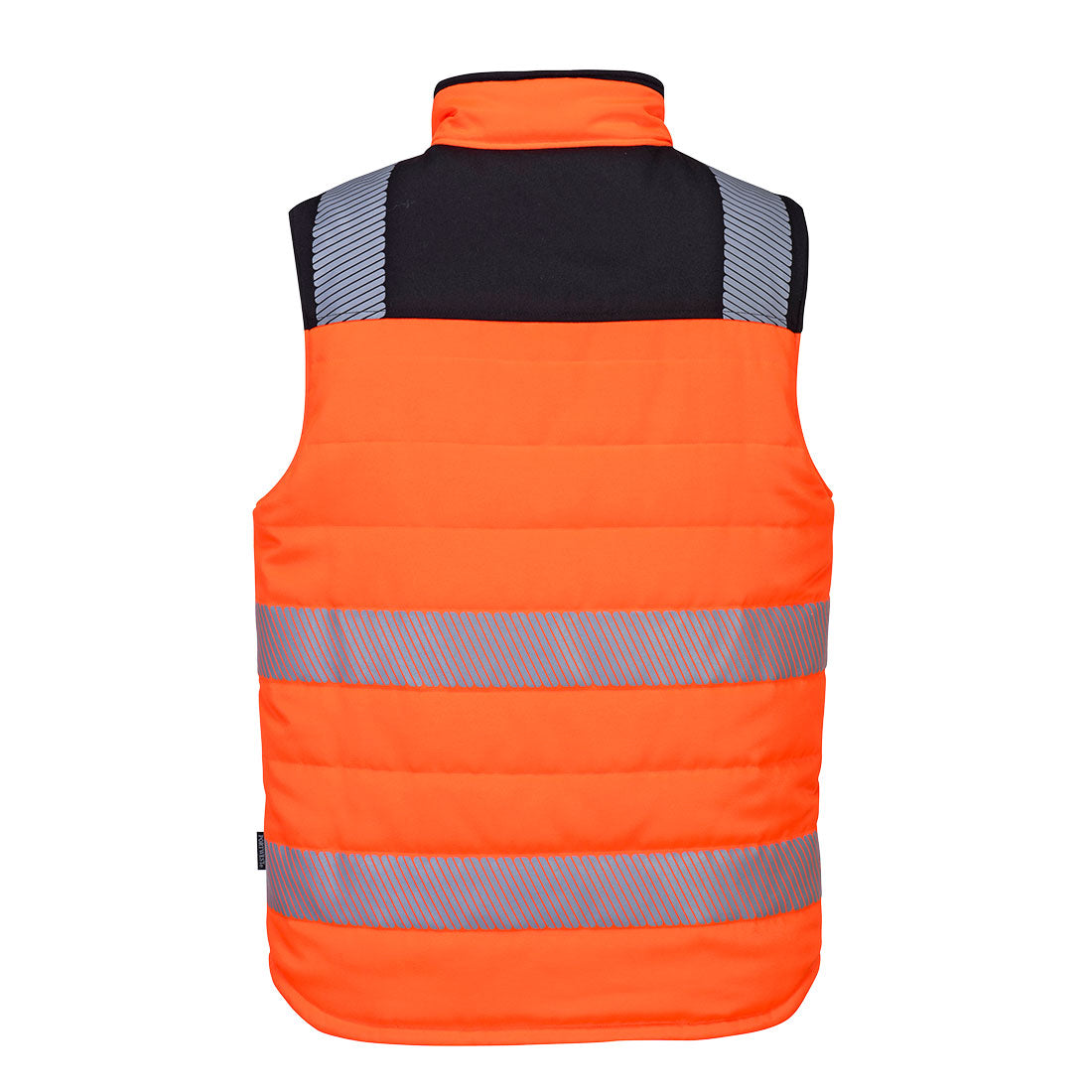 Warnschutz-Wendeweste: Rückansicht orange mit reflektierenden Streifen, schwarze Schultern, Stehkragen