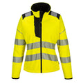 Warnschutz-Softshelljacke für Damen in Gelb mit reflektierenden Streifen, Frontzip, Kapuze