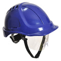 Blauer Schutzhelm mit klarem Gesichtsschutz und Kinnriemen