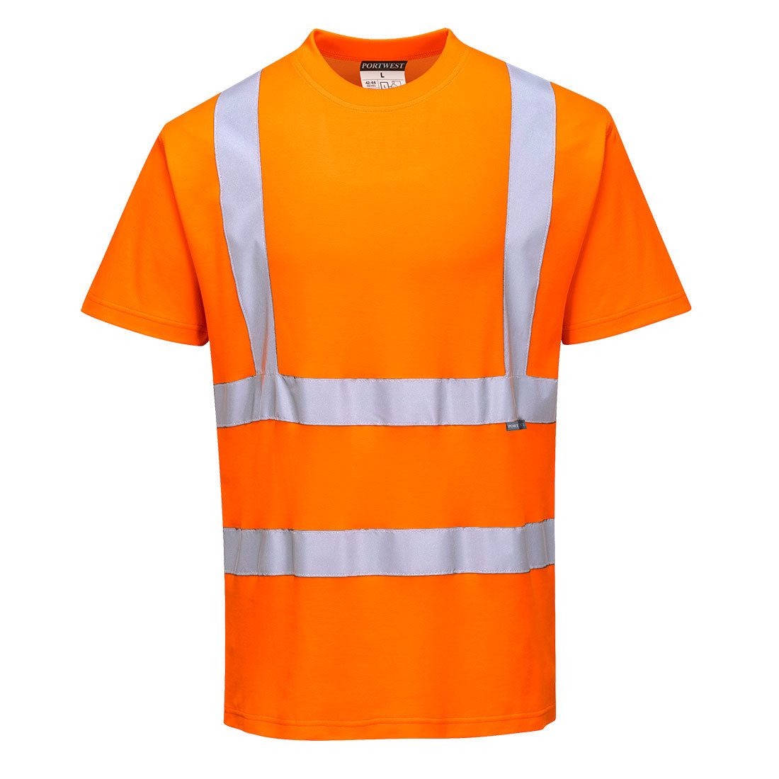 Orangefarbenes Warnschutz-Kurzarmshirt aus Baumwolle mit reflektierenden Streifen