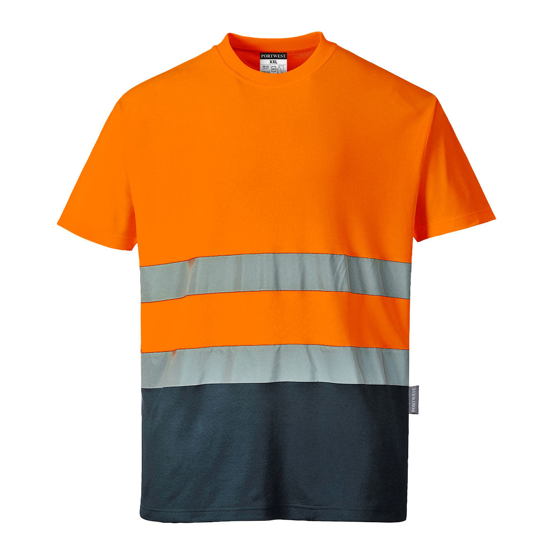 Zweifarbiges Baumwoll-T-Shirt, orange mit hellgrauen Streifen und dunklem Saum