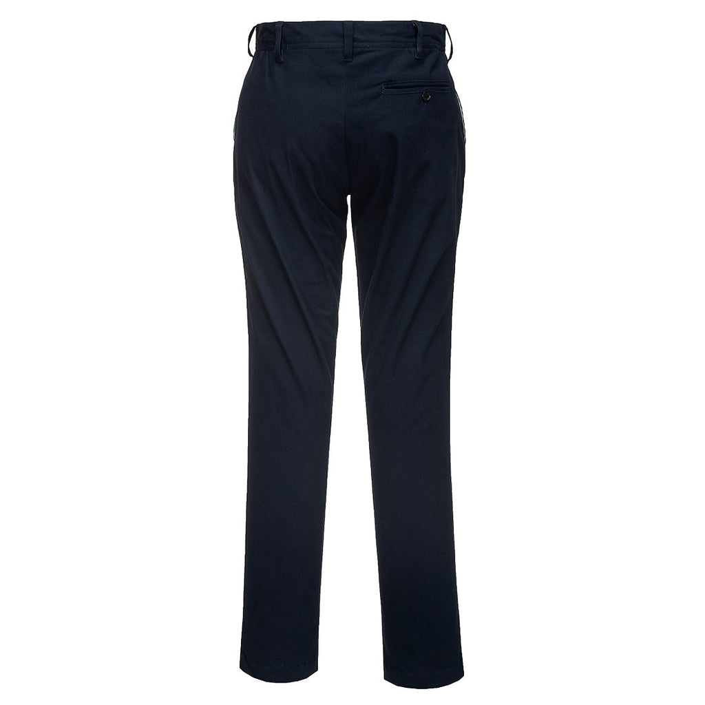 Schmal geschnittene Stretch-Chino-Bundhose in dunkelblau, Rückansicht, Gesäßtaschen