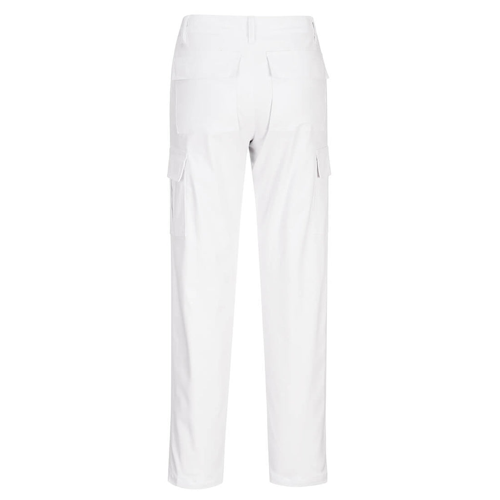 Portwest Damen Stretch-Cargo-Hose in Weiß mit seitlichen Taschen, Rückseite