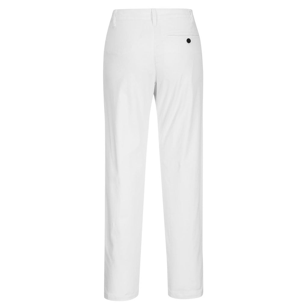 Damen Slim-Chinohose in Weiß, Rückansicht mit Bundknopf und geradem Bein