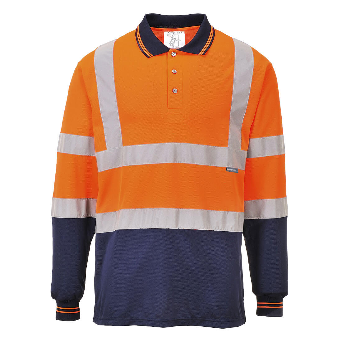 Zweifarbiges Langarm-Poloshirt, orange mit grauen Reflexstreifen und dunkelblauen Bündchen.