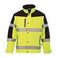 Warnschutz-Softshelljacke neon-gelb/schwarz mit reflektierenden Bändern und Kapuze