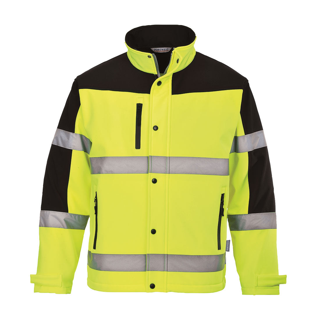 Warnschutz-Softshelljacke neon-gelb/schwarz mit reflektierenden Bändern und Kapuze