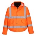 Warnschutz-Winterpilotjacke in Orange mit Kapuze und reflektierenden Streifen, vorne geknöpft.