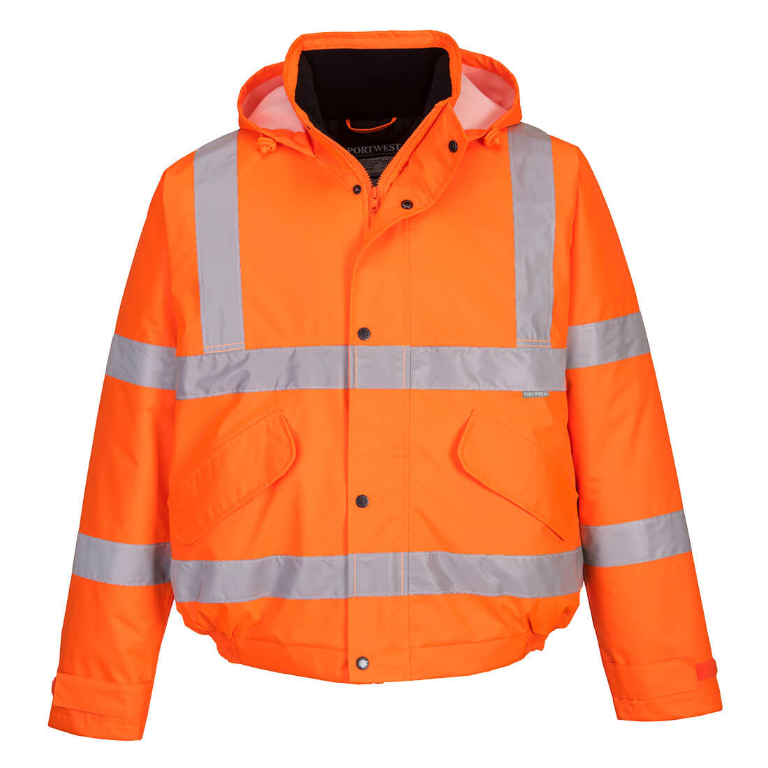 Warnschutz-Winterpilotjacke in Orange mit Kapuze und reflektierenden Streifen, vorne geknöpft.