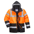 Zweifarbige Warnschutz-Verkehrsjacke mit Kapuze, orange/schwarz, reflektierende Bänder