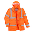 Warnschutz-Verkehrsjacke mit Kapuze, orange, reflektierende Streifen, Reißverschluss vorn