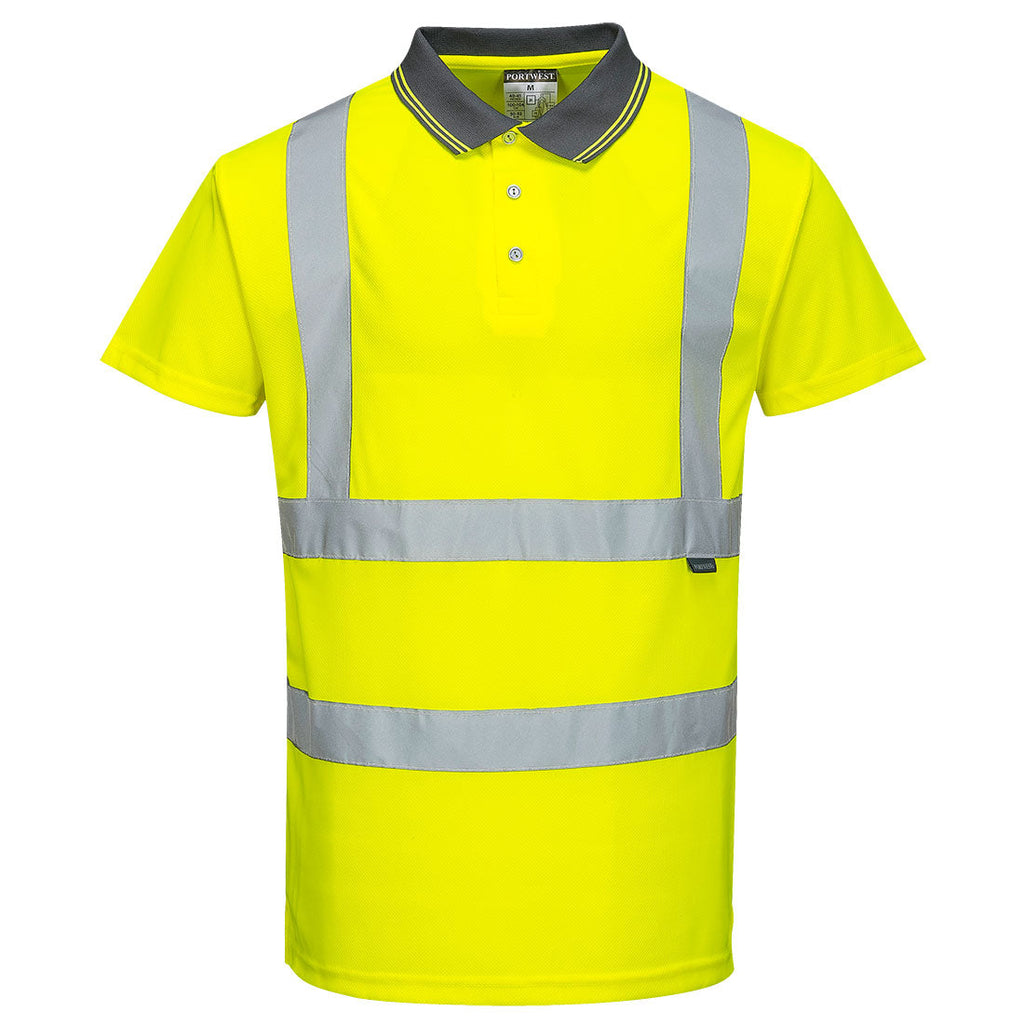 Warnschutz-Poloshirt kurzarm gelb mit reflektierenden Sicherheitsstreifen vorn