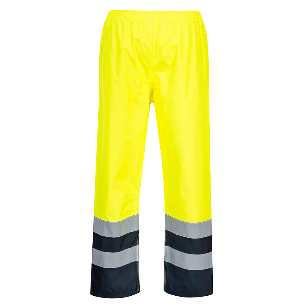 Warnschutzhose zweifarbig: gelb, elastischer Bund, reflektierende Streifen, dunkelblaue Beinenden