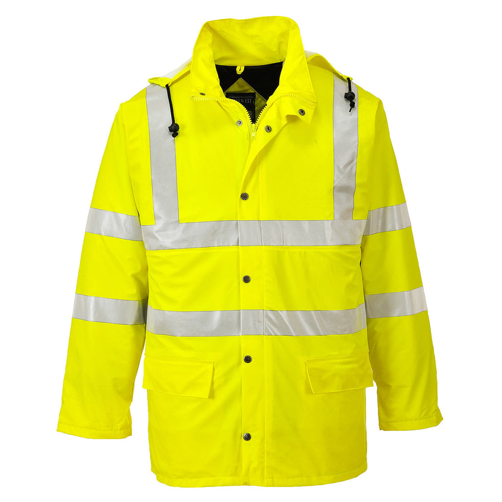 Warnschutz-Winterjacke in Gelb mit Kapuze und reflektierenden Streifen vorn