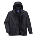 3-in-1 Arbeitsjacke mit Kapuze, schwarzer Frontreißverschluss und verdeckten Taschen