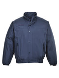 Dunkelblaue Pilotjacke mit Stehkragen, Knopfleiste und großen Fronttaschen