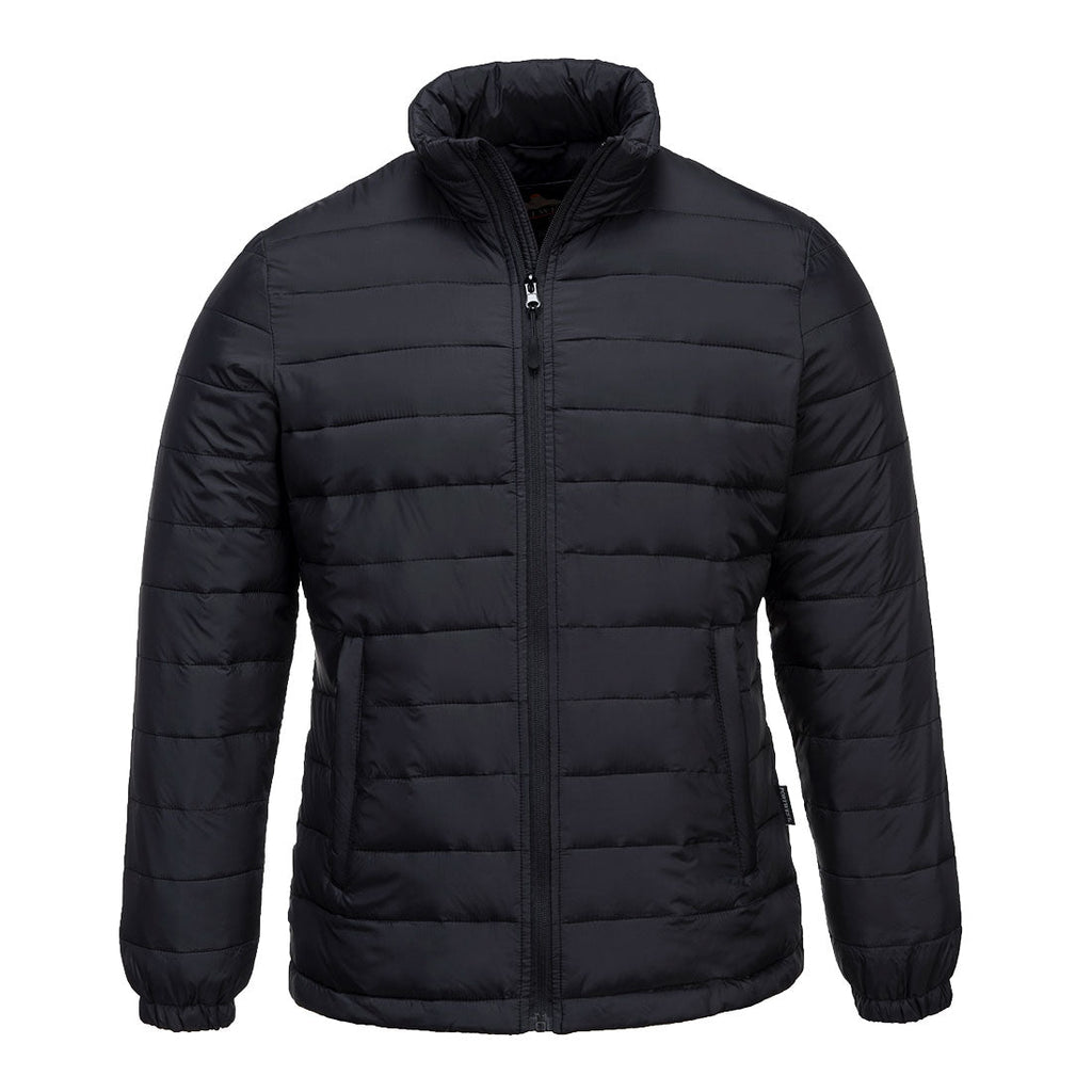 Damen-Steppjacke schwarz mit durchgehendem Reißverschluss und Steppnähten, Stehkragen