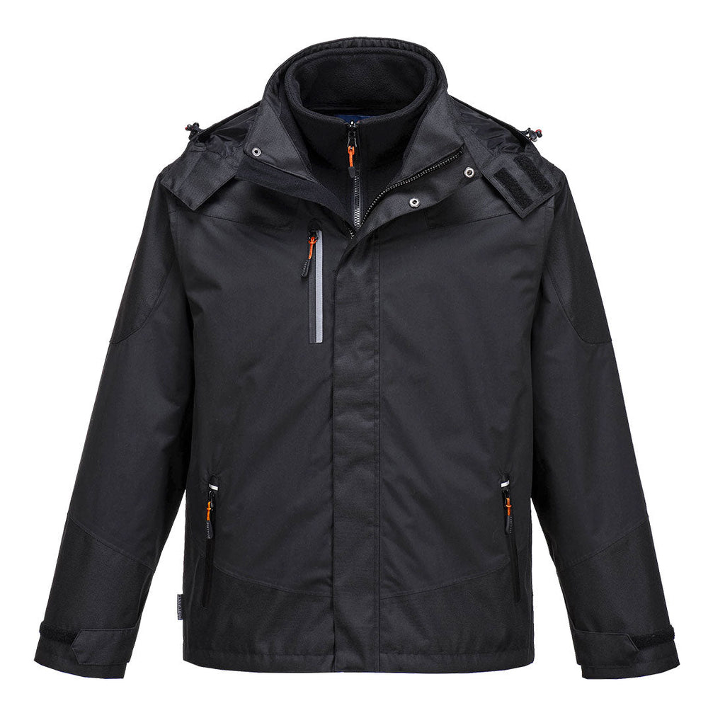 Portwest S553 Jacke, schwarze Arbeitsjacke mit Kapuze, durchgehendem Reißverschluss und Taschen