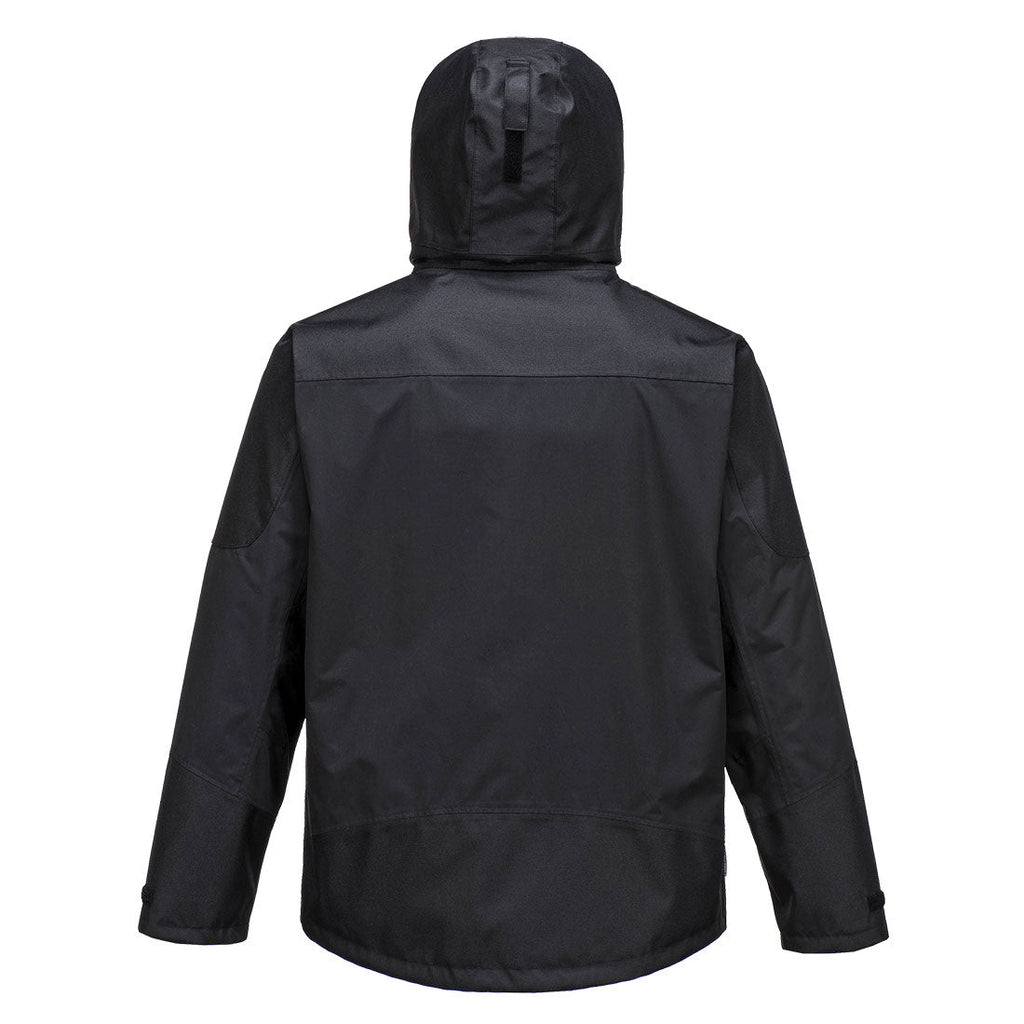 Portwest S553 Jacke, schwarze Arbeitsjacke mit Kapuze und rückseitiger glatter Fläche