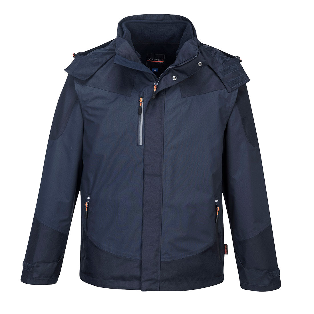 Dunkelblaue 3-in-1 Jacke mit durchgehendem Reißverschluss, Stehkragen und Pattentaschen