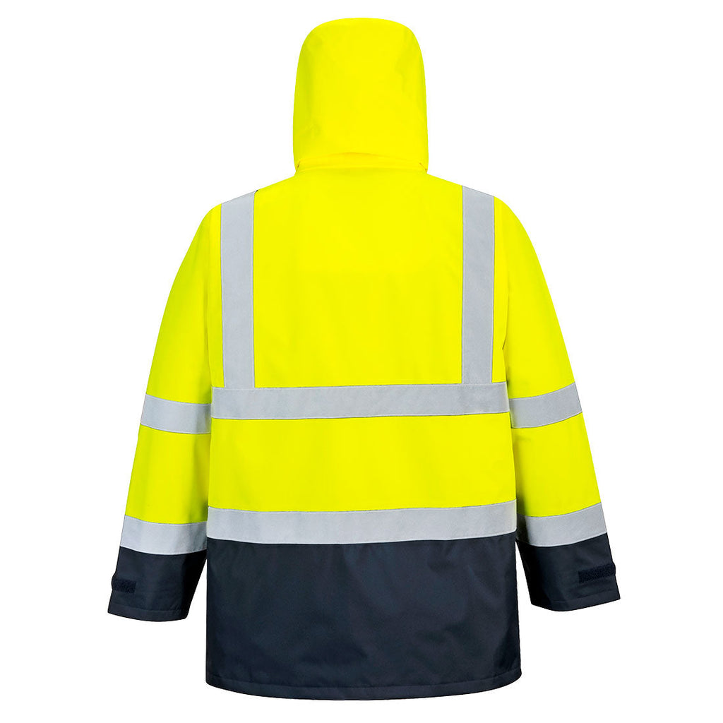 Warnschutzjacke mit Kapuze, gelb und dunkelblau, reflektierende Streifen hinten