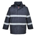 Dunkelblaue Regenjacke mit Kapuze, reflektierenden Streifen und Fronttaschen