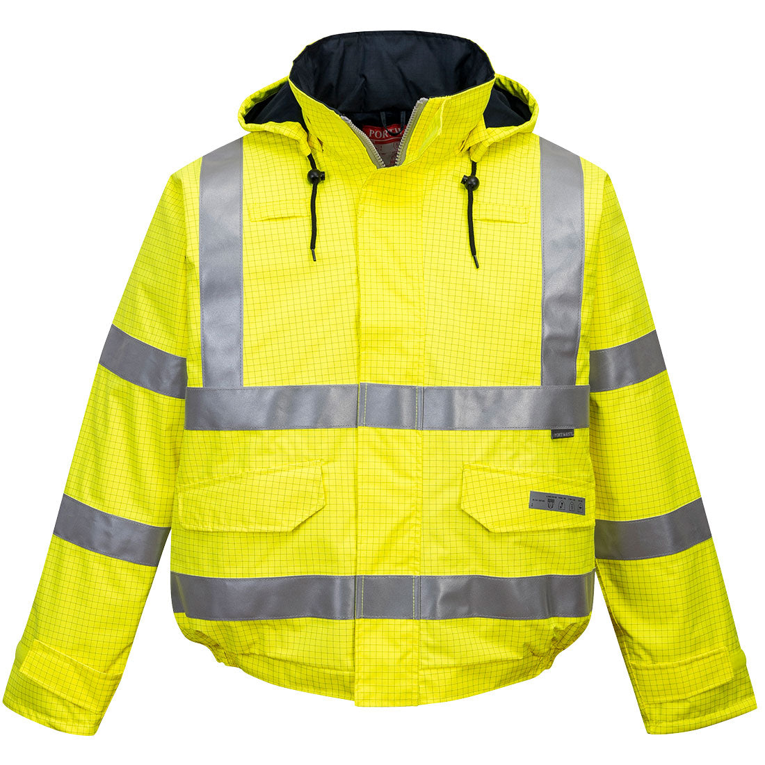 Warnschutz-Regenschutzjacke gelb mit Kapuze und reflektierenden Streifen, Frontreißverschluss