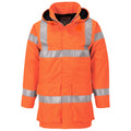 Warnschutzjacke mit Kapuze, orangefarben, durchgehender Frontreißverschluss, breite Reflexstreifen