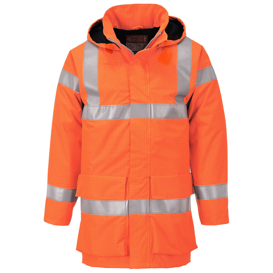 Warnschutzjacke mit Kapuze, orangefarben, durchgehender Frontreißverschluss, breite Reflexstreifen