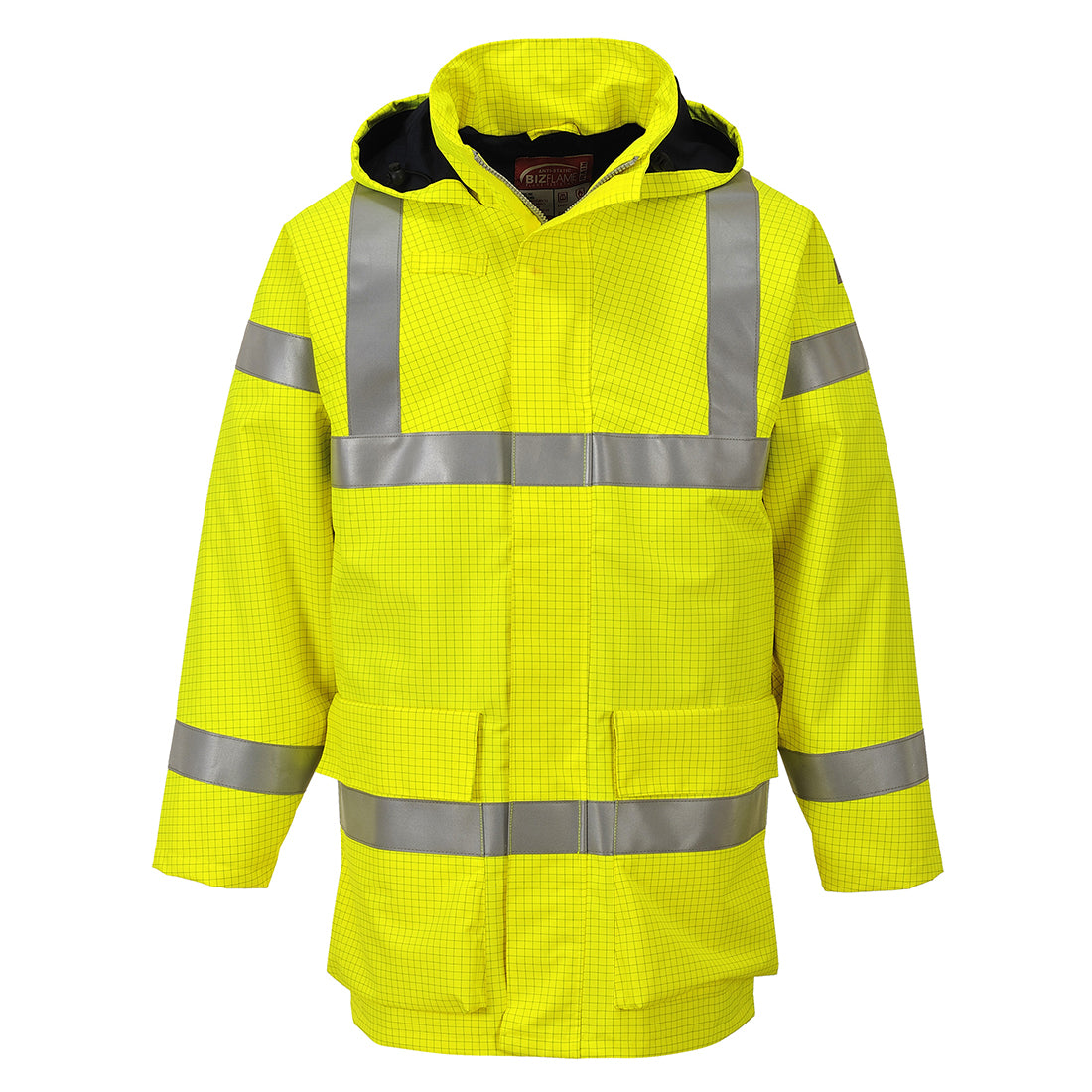 Warnschutz-Regenjacke mit Kapuze, gelb und reflektierenden Streifen