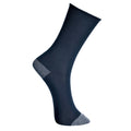 Socken aus dunkelblauem Strick mit grauer Spitze und Ferse