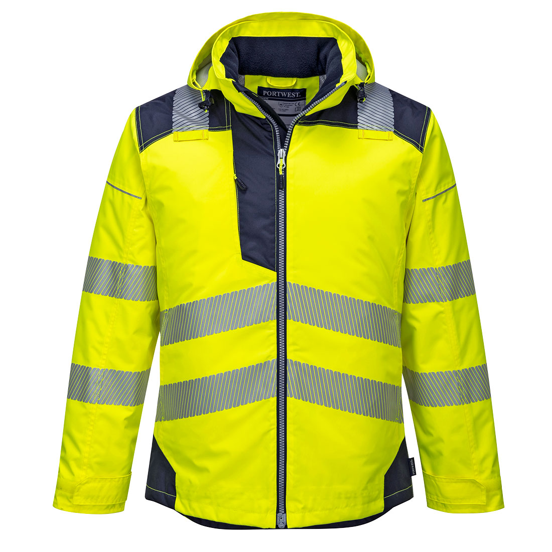 Warnschutz-Regenjacke gelb mit reflektierenden Streifen, Kapuze, Reißverschluss