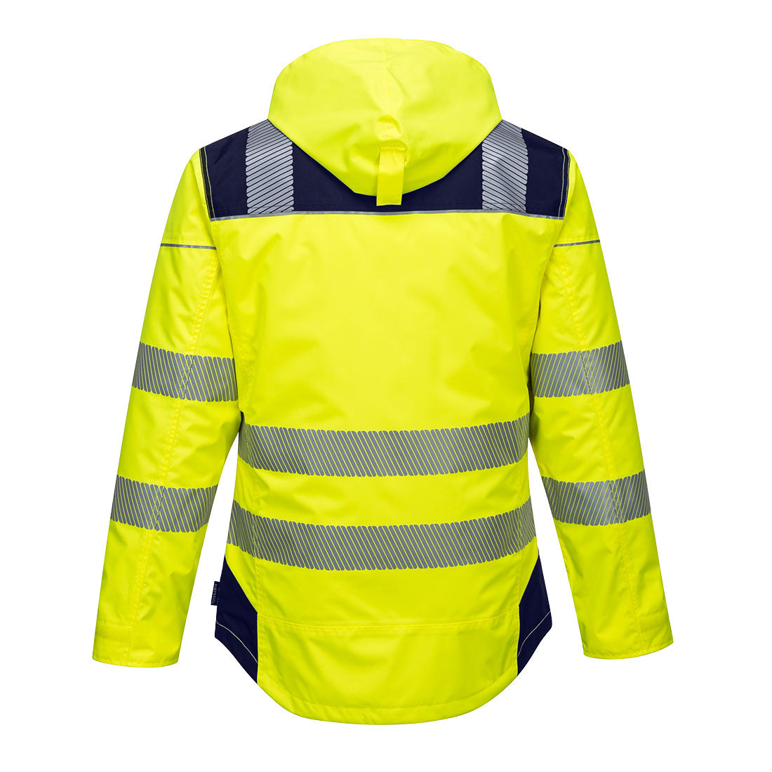 Warnschutz-Regenjacke gelb mit reflektierenden Streifen, Kapuze, Rückenansicht