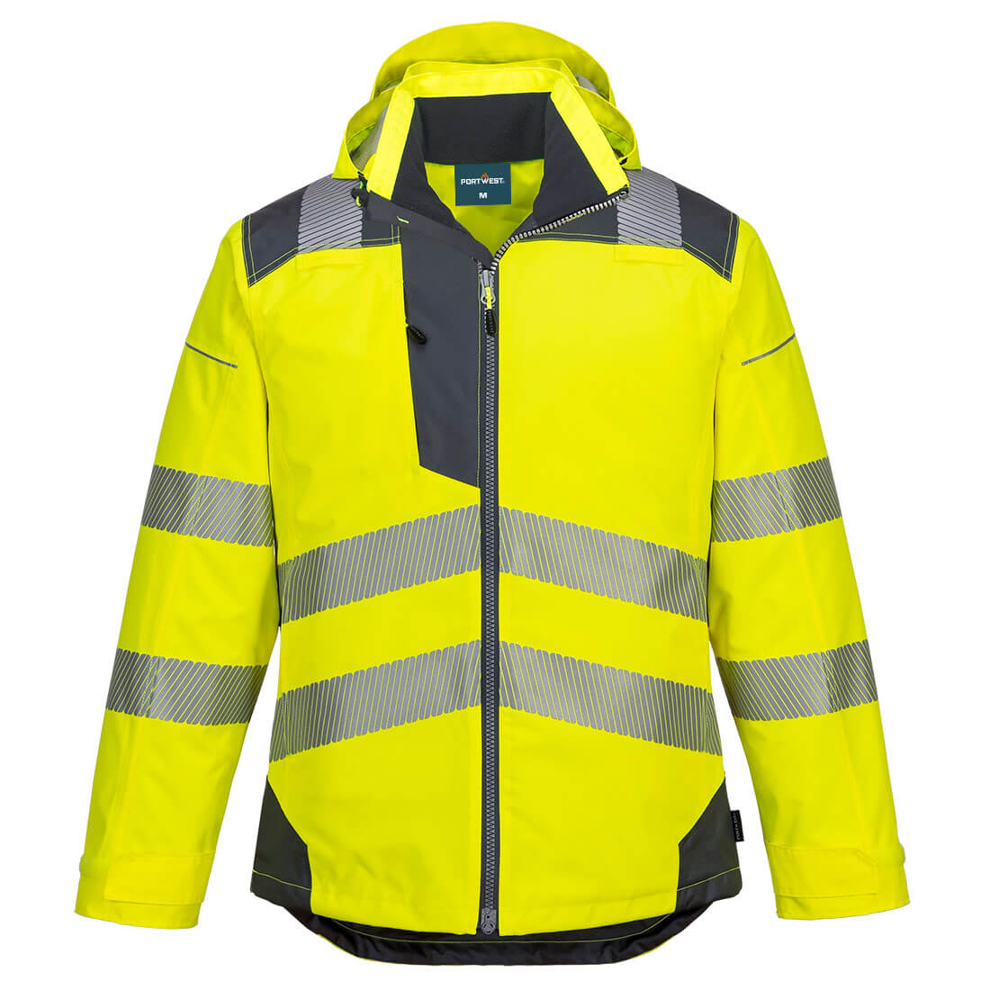 Warnschutz-Regenjacke in Gelb mit reflektierenden Streifen, Reißverschluss und Kapuze