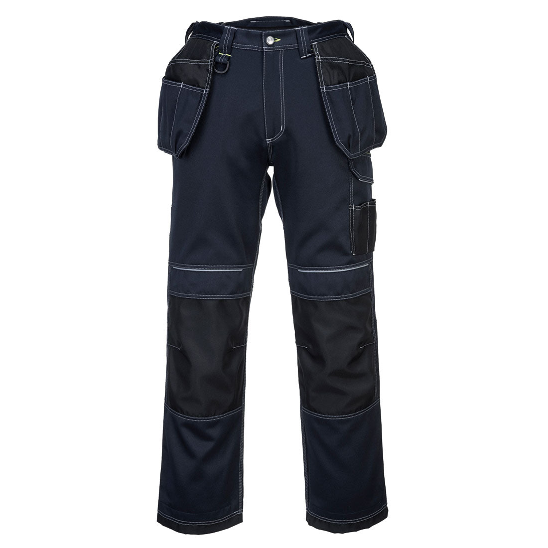 Dunkelblaue Arbeitshose mit Holstertaschen, Bund mit Knopfverschluss und Gürtelschlaufen