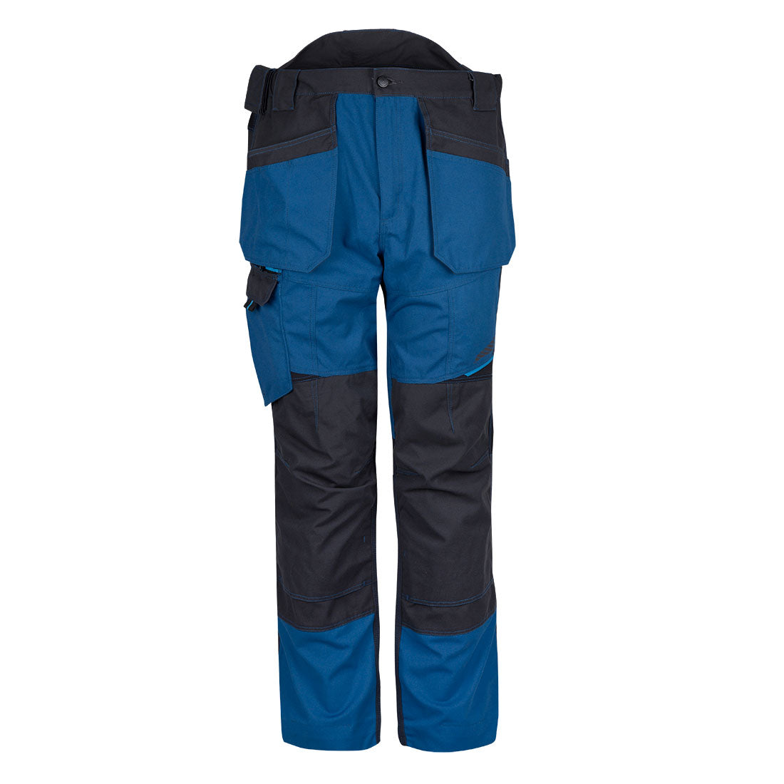 Blaue Arbeits-Bundhose mit Holstertaschen, abgesetzten Knie- und Beinbereichen