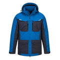 Zweifarbige Winterjacke mit Kapuze, durchgehendem Reißverschluss und Fronttaschen.