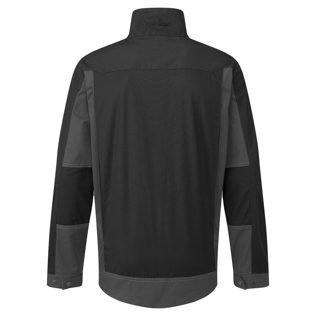 Portwest WX3 Arbeitsjacke in Schwarz, Rückansicht mit Kapuze und Stegreflektoren