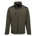 Fleecejacke mit Kapuze, durchgehendem Reißverschluss, olivbraun meliert, blaue Zipper
