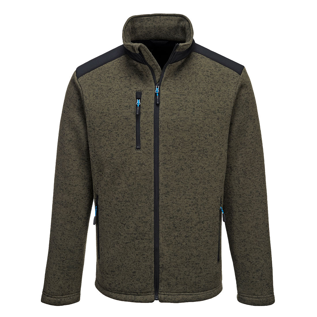 Fleecejacke mit Kapuze, durchgehendem Reißverschluss, olivbraun meliert, blaue Zipper
